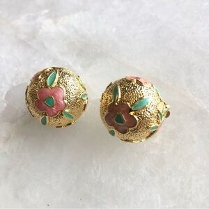 VINTAGE NLH gold plated round button clip on earrings enamel floral design